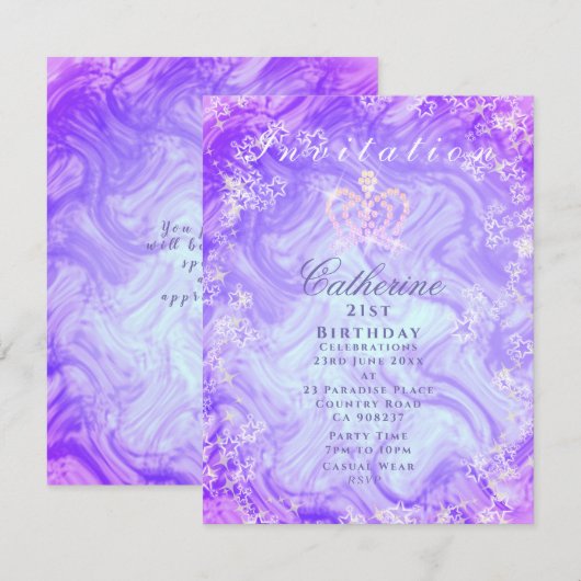 Glitterende Kroon Gradiënt Paarse Uitnodiging (Voorkant / Achterkant)