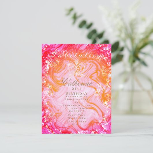 Glitterende Kroon Gradiënt Roze Perzik Uitnodiging (Staand voorkant)