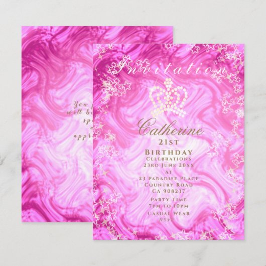 Glitterende Kroon Gradiënt Roze Uitnodiging (Voorkant / Achterkant)