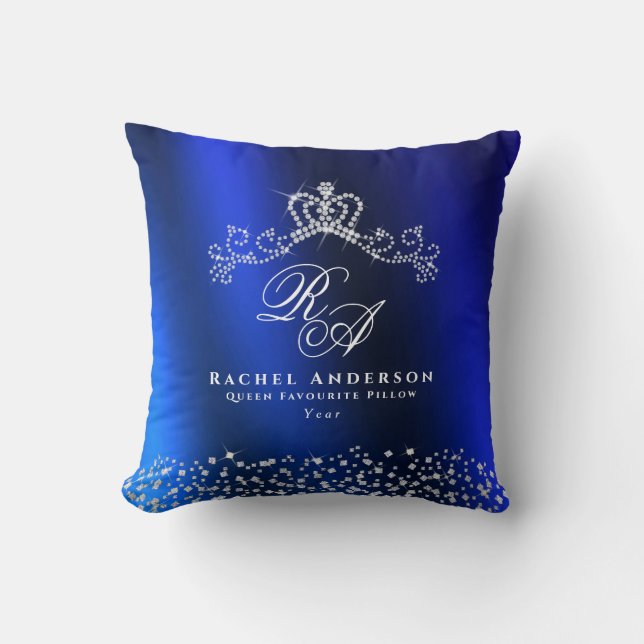 Glitterende kroon monogram blauw kussen (Voorkant)