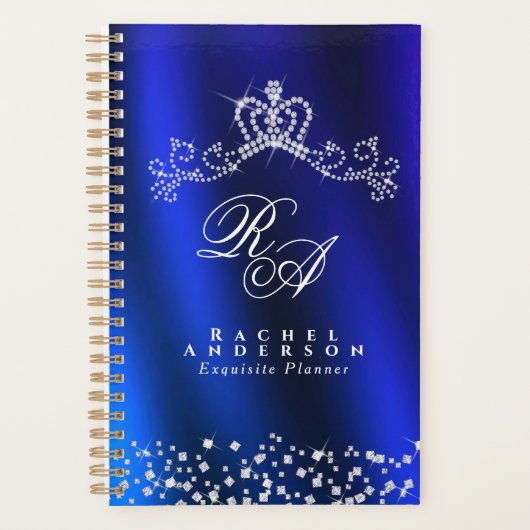 Glitterende kroon monogram blauw planner (Voorkant)