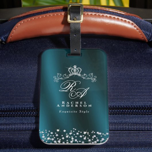 Glitterende kroon monogram groen bagagelabel (Voorkant Insitu 2)