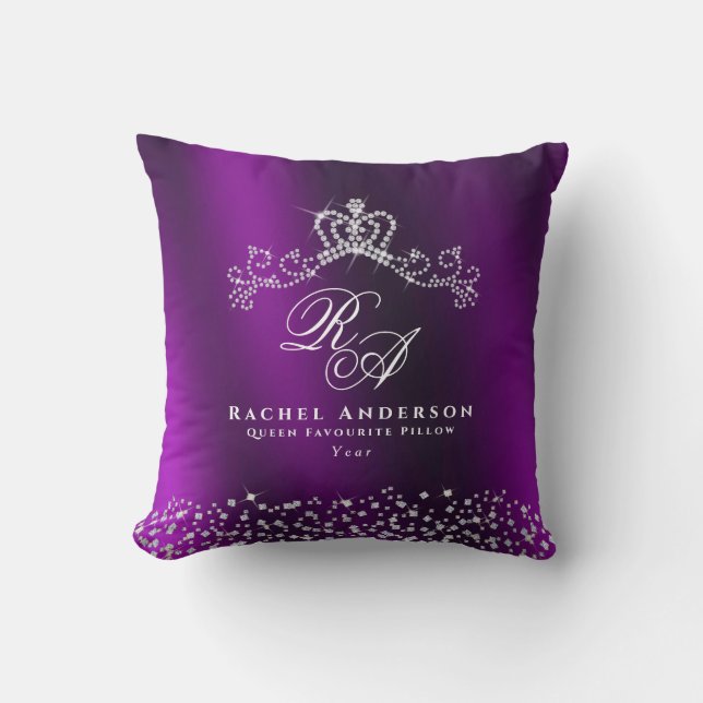 Glitterende Kroon Monogram Magenta Kussen (Voorkant)