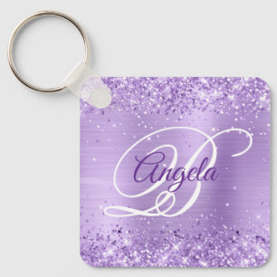 Glitterende lavendel folie fancy monogram sleutelhanger
