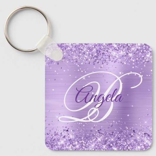 Glitterende lavendel folie fancy monogram sleutelhanger (Voorkant)
