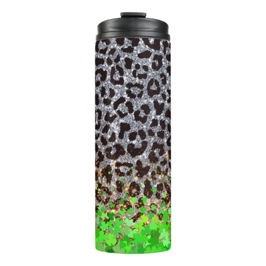 Glitterende Leopard Print met Shamrock Overlay Thermosbeker (Voorkant)