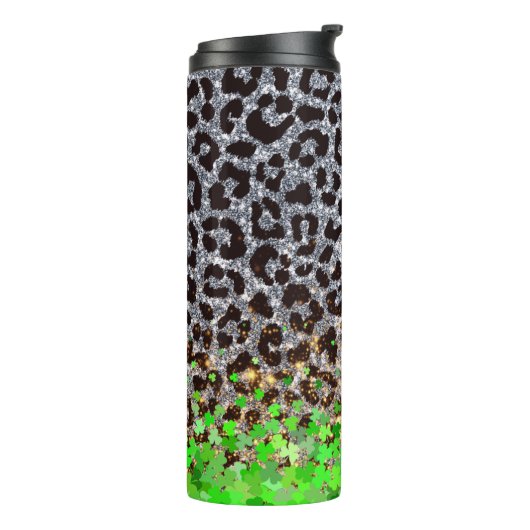 Glitterende Leopard Print met Shamrock Overlay Thermosbeker (Gedraaid links)