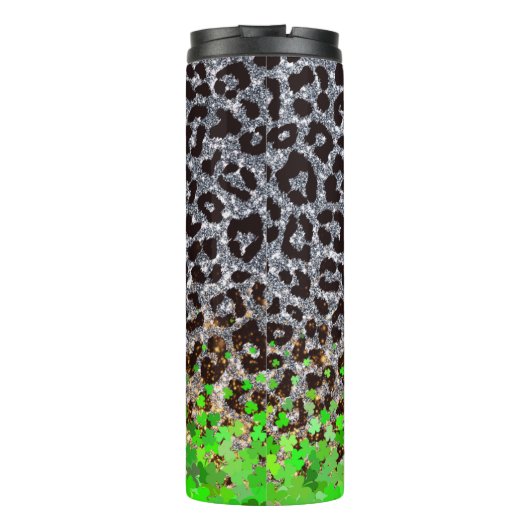Glitterende Leopard Print met Shamrock Overlay Thermosbeker (Achterkant)