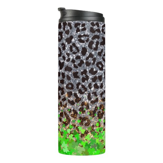 Glitterende Leopard Print met Shamrock Overlay Thermosbeker (Geroteerd rechts)