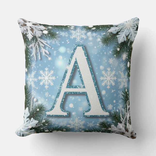 🎄 Glitterende Letter A Kerst Monogram Sneeuwvlok Kussen (Voorkant)