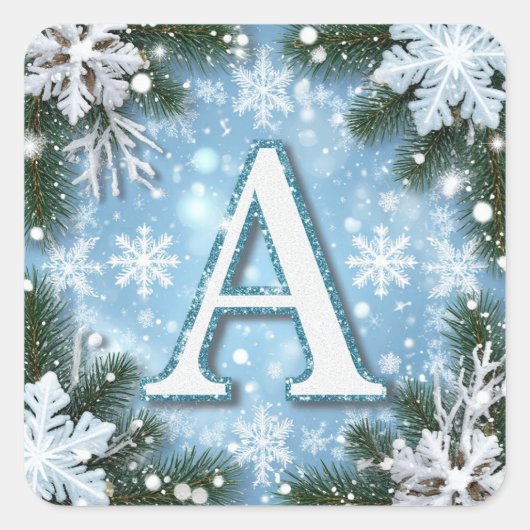 🎄 Glitterende Letter A Kerst Monogram Sneeuwvlok Vierkante Sticker (Voorkant)