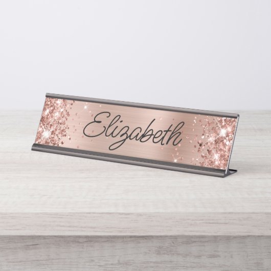 Glitterende Licht Roze Goud Folie Monoline Script Bureau Naambordje (Voorkant)
