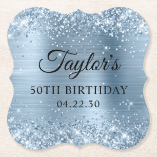 Glitterende lichtblauwe folie 50e verjaardag kartonnen onderzetters