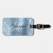 Glitterende lichtblauwe folie fancy monogram bagagelabel (Voorkant horizontaal)