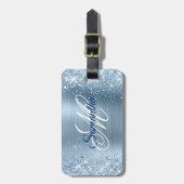 Glitterende lichtblauwe folie fancy monogram bagagelabel (Voorkant verticaal)
