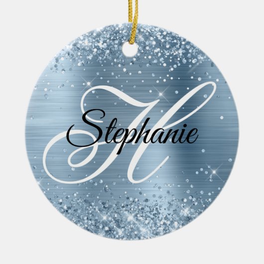 Glitterende lichtblauwe folie fancy monogram keramisch ornament (Voorkant)