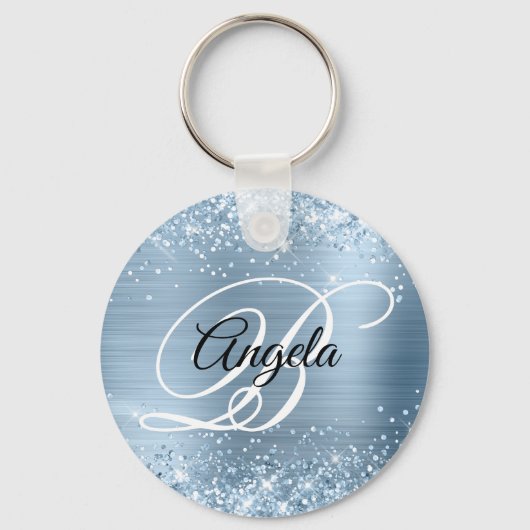 Glitterende lichtblauwe folie fancy monogram sleutelhanger (Voorkant)