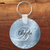 Glitterende lichtblauwe folie fancy monogram sleutelhanger (Voorkant)