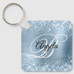Glitterende lichtblauwe folie fancy monogram sleutelhanger