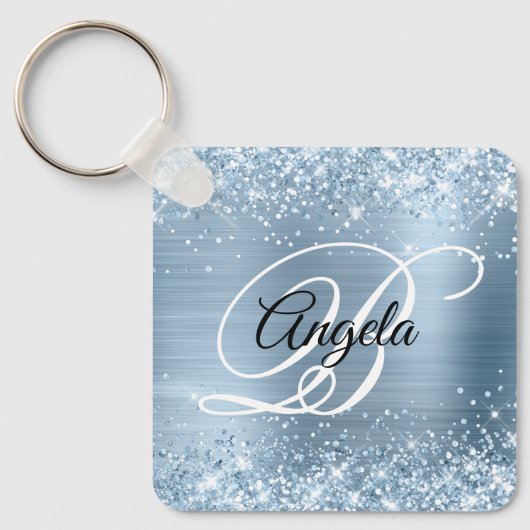 Glitterende lichtblauwe folie fancy monogram sleutelhanger (Voorkant)