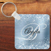 Glitterende lichtblauwe folie fancy monogram sleutelhanger (Voorkant)