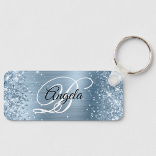 Glitterende lichtblauwe folie fancy monogram sleutelhanger