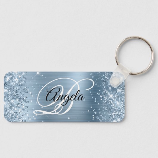 Glitterende lichtblauwe folie fancy monogram sleutelhanger (Voorkant)