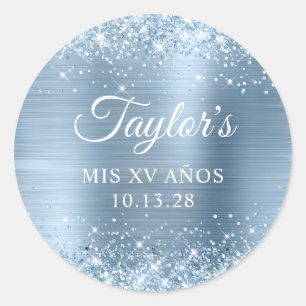 Glitterende lichtblauwe folie Mis XV Anos Ronde Sticker