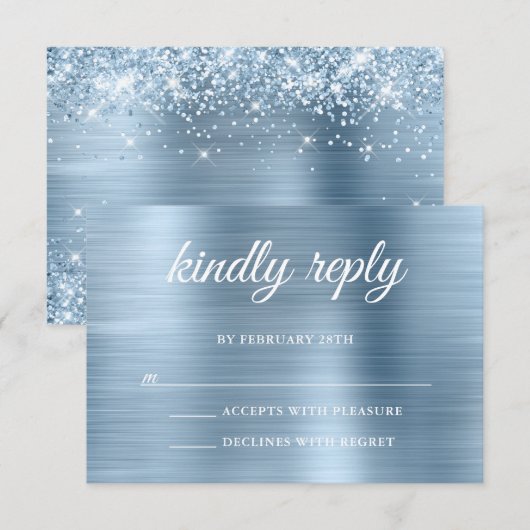 Glitterende Lichtblauwe Folie RSVP Huwelijk Kaartje (Voorkant / Achterkant)
