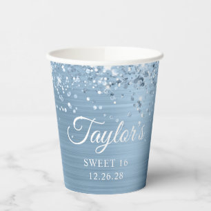 Glitterende lichtblauwe folie Sweet 16 Papieren Bekers