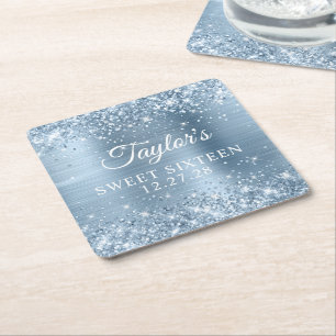 Glitterende lichtblauwe folie Sweet Sixteen Kartonnen Onderzetters