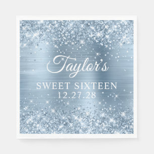 Glitterende lichtblauwe folie Sweet Sixteen Servet