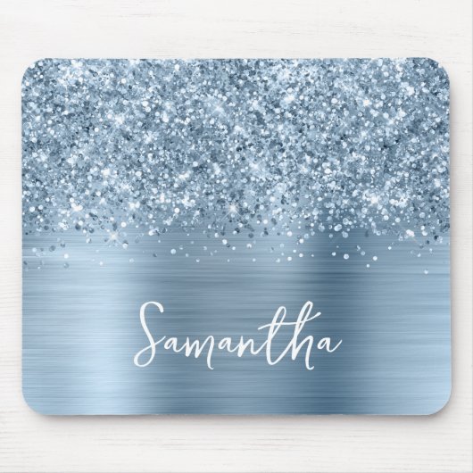 Glitterende Lichtblauwe Glam Naam Muismat (Voorkant)
