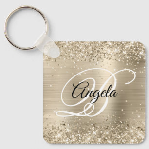 Glitterende lichte gouden folie fancy monogram sleutelhanger