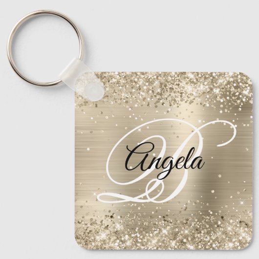 Glitterende lichte gouden folie fancy monogram sleutelhanger (Voorkant)