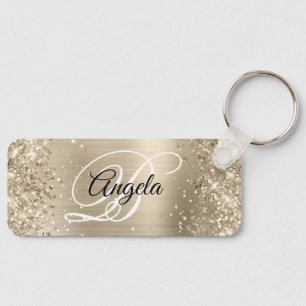 Glitterende lichte gouden folie fancy monogram sleutelhanger