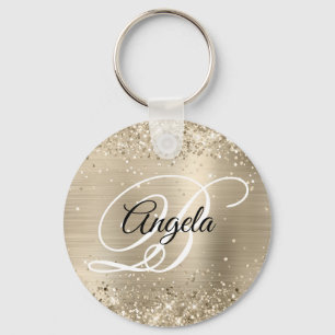Glitterende lichte gouden folie fancy monogram sleutelhanger