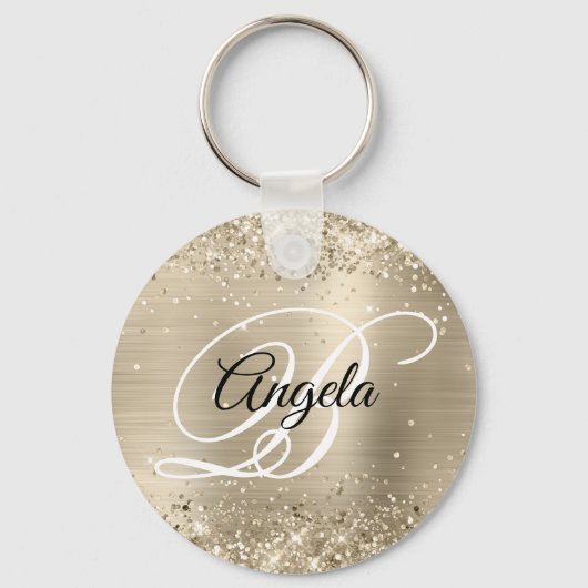 Glitterende lichte gouden folie fancy monogram sleutelhanger (Voorkant)