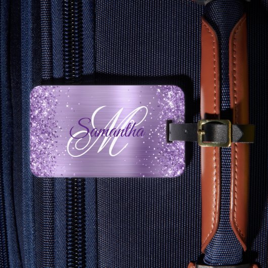 Glitterende Lichtpaarse Folie Fancy Monogram Bagagelabel (Voorkant Insitu 4)