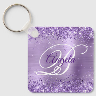 Glitterende lichtpaarse folie met fantasie monogra sleutelhanger