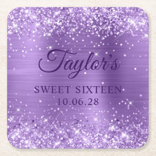 Glitterende lichtpaarse folie Sweet 16 Kartonnen Onderzetters