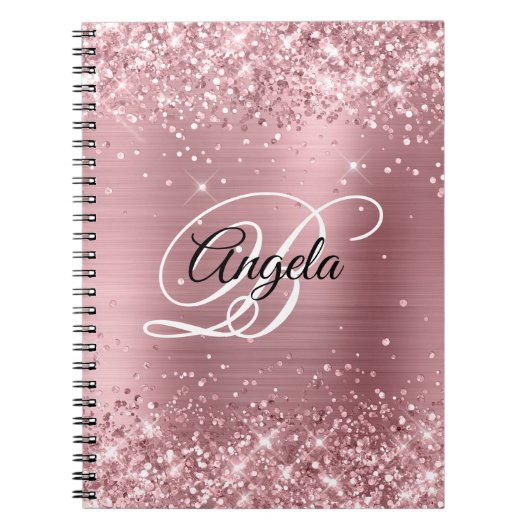Glitterende lichtroze folie fancy monogram notitieboek (Voorkant)