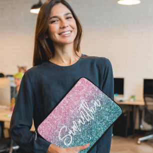 Glitterende Luxe Licht Roze Teal Ombre Glans Laptop Sleeve