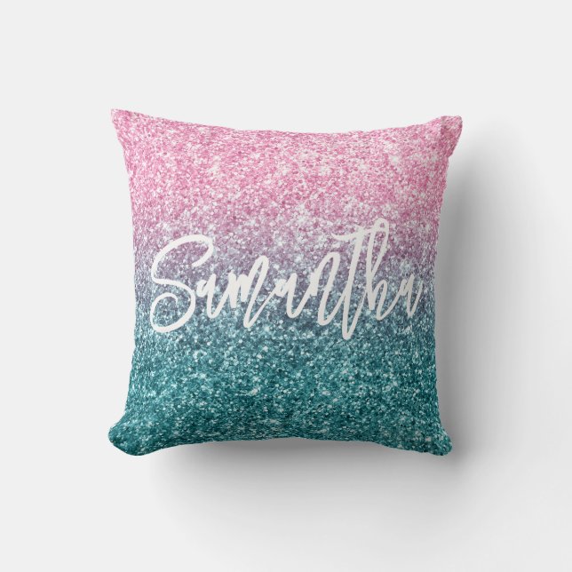 Glitterende Luxe Licht Roze Teal Ombre Glitter Kussen (Voorkant)
