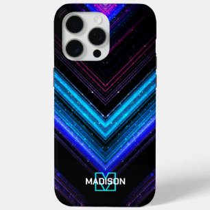 Glitterende metaal neon aqua paars chevron Monogra iPhone 15 Pro Max Hoesje