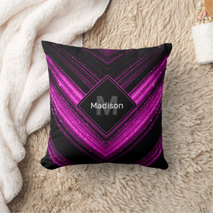 Glitterende metalen hete roze zwarte chevron Monog Kussen
