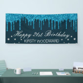 Glitterende midblauwe druipende glitter verjaardag spandoek (Beurs)