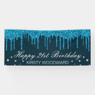 Glitterende midblauwe druipende glitter verjaardag spandoek