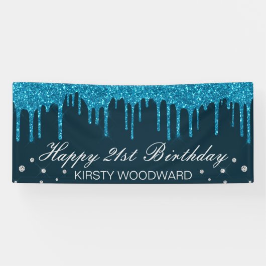 Glitterende midblauwe druipende glitter verjaardag spandoek (Horizontaal)