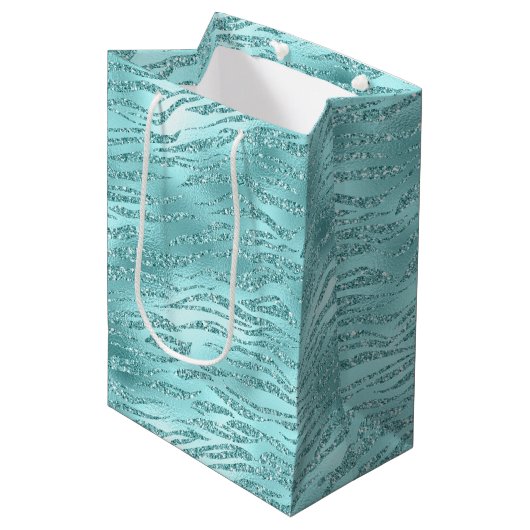 Glitterende Mint Zebraprint Medium Cadeauzakje (Voorkant Gekanteld)